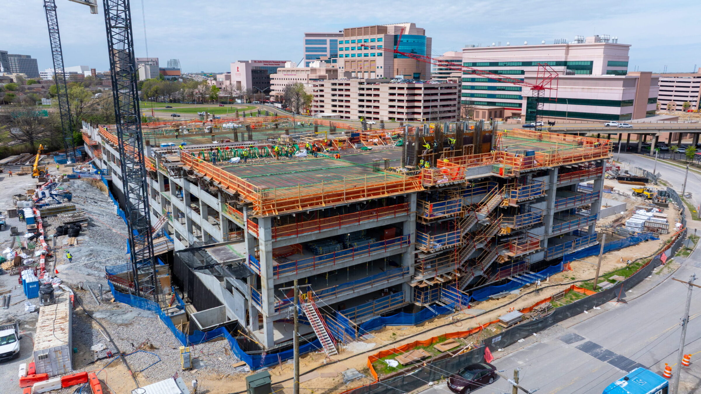 An aerial shot of the parking garage at St. Judge Children's Research hospital as it is being constructed.